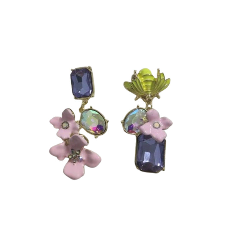 中古vintage耳环 银针滴油蜜蜂花朵不对称耳钉甜美百搭耳饰批发女