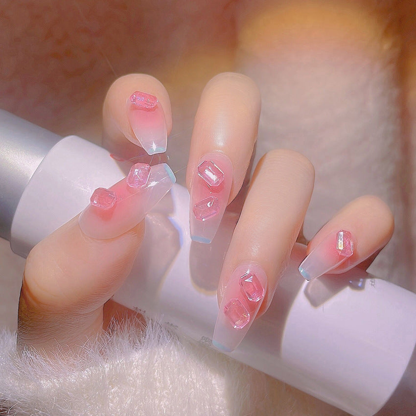 Fashion  nail Hot Rock Candy Cube Diamond Manicure Fake Nails Fairy Sweet Short Blush Square Diamond Wear Manicure Y53