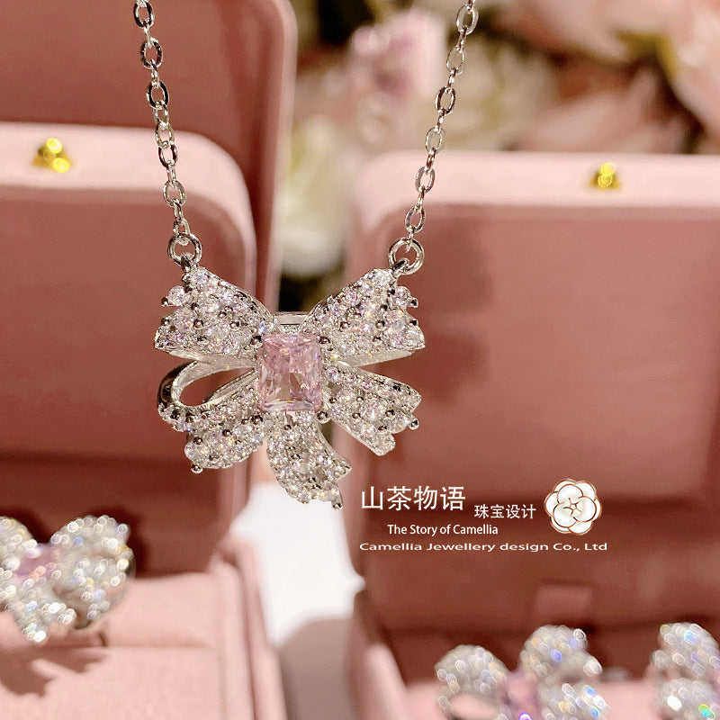Camellia跨境绿尖晶蝴蝶结耳钉女镀金镶锆锁骨链彩宝套装一件代发
