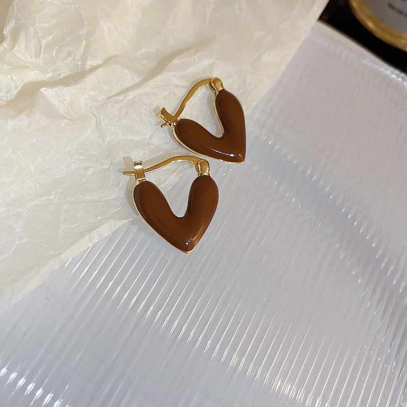 银针美拉德风咖色爱心豆豆耳环复古设计感耳钉轻奢高级感耳饰批发