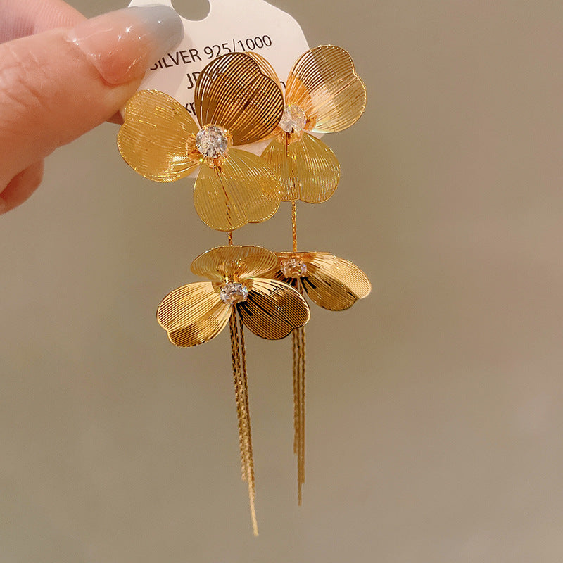 真金电镀银针花朵流苏耳环欧美夸张设计感耳钉小众高级感耳饰批发