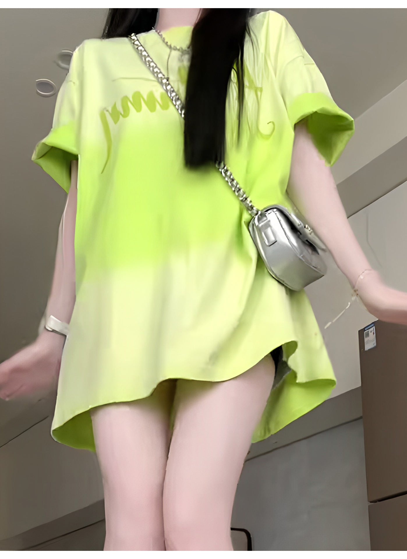 Dopamine tops Free shipping Tattoo Long green short-sleeved women's t-shirt summer design feeling fresh and loose big version top dopamine wear 7632