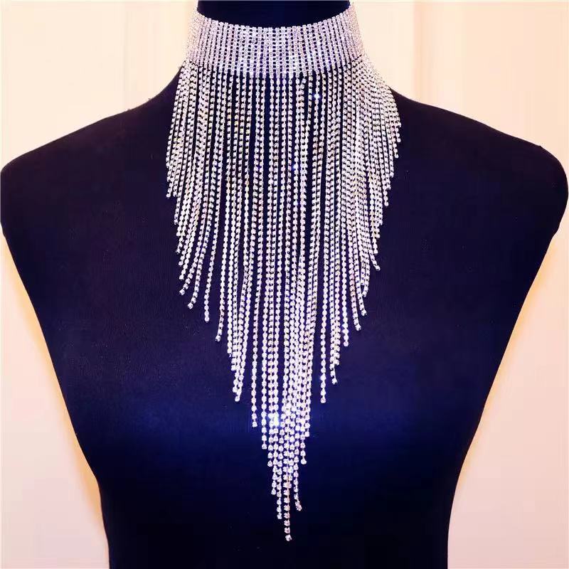 Fashion jewelry Europe and the United States selling long tassel necklace shiny rhinestone exaggerated necklace nightclub new factory direct supply wholesale.