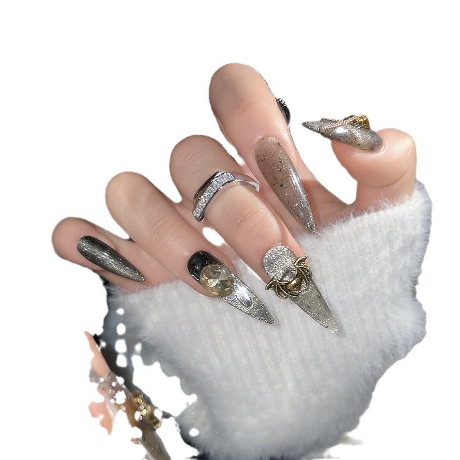 (reusable nail)Black-Jifeng Manicure Wearing a Black Chain Stereorelief Original Handmade Wearing a Nail Factory Wholesale