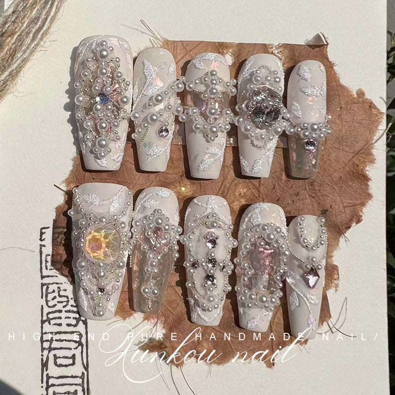 (Hand-Made Nail) Pure Hand-Wear Nail Manicure Light Luxury Flash Fairy Princess Internet Influencer Pearl Pure Desire Ins Hand-Painted Detachable