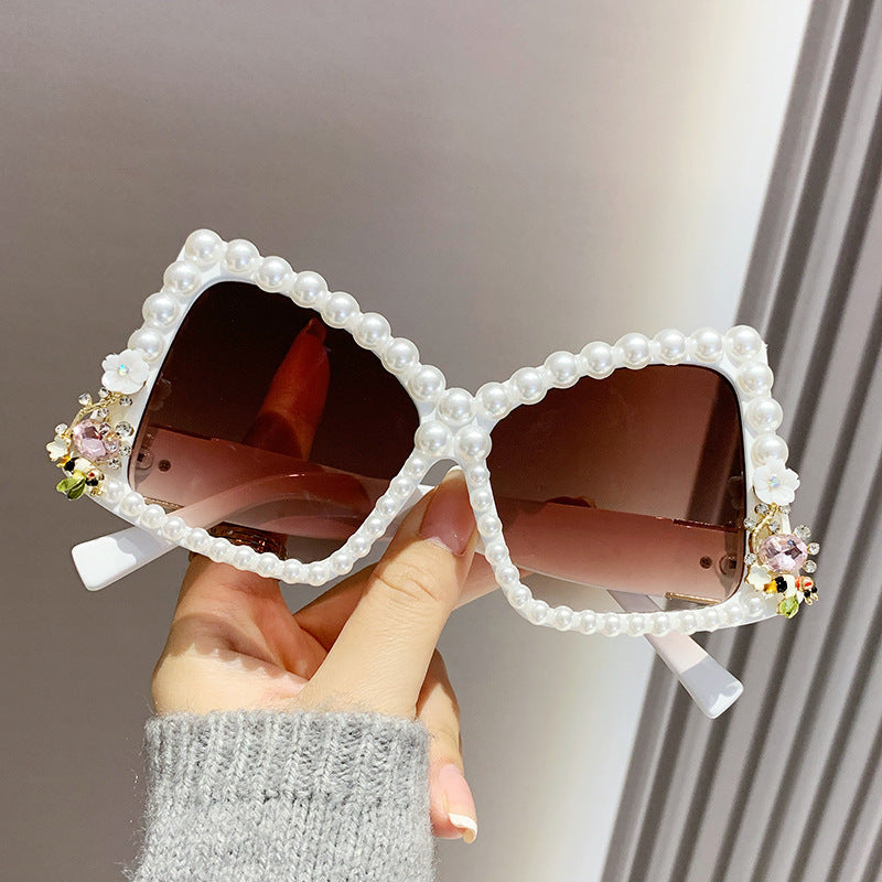 Women's fashion glasses 欧美镶钻眼镜时尚墨镜女跨境不规则镶珍珠太阳镜大框蝴蝶结墨镜