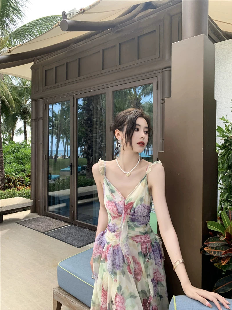 Fashion women's wear French Sweet Gentle Spaghetti-Strap Ruffle Floral Dress Women's Summer Vacation Fairy Large Swing Suspender Dress