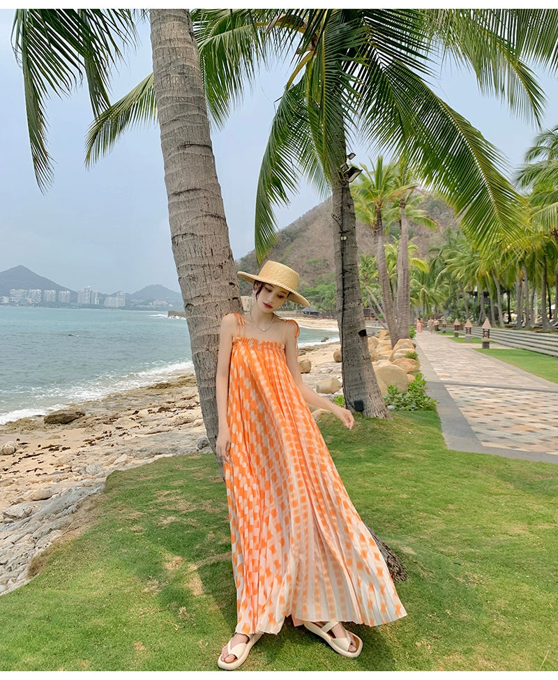 Fashion women's wear Tie-Dyed Floral Strap Dress Women's Summer French off-Shoulder Dopamine Sanya Seaside Vacation Beach Long Skirt