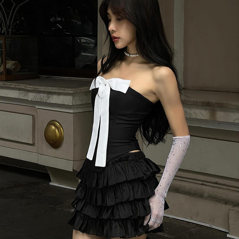 Fashion women's wear Q23tp722  Hot Girl Contrast Color Bow Three-Dimensional Decoration Fishbone Tube Top Women's All-Match Date New