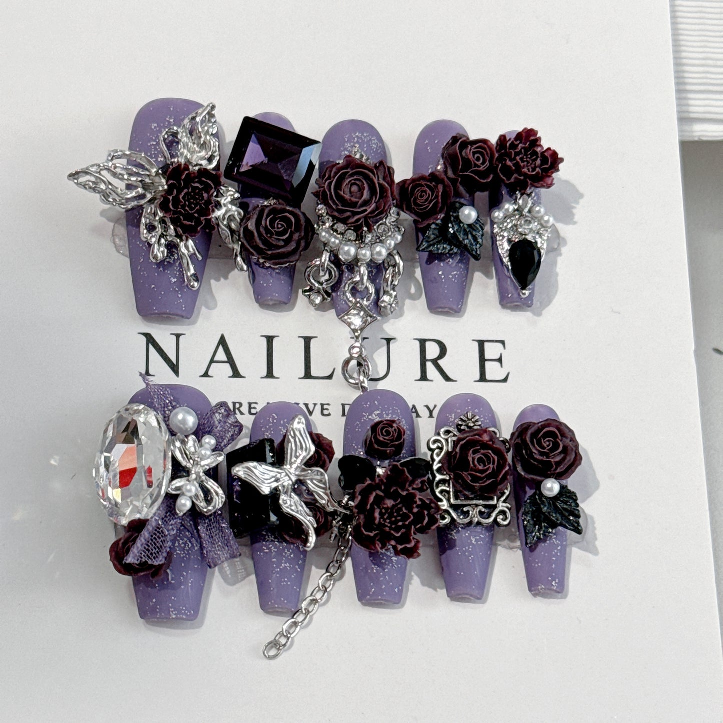 (Hand-Made Nail) Original Manicure Midnight Rose Moon Night Palace Light Luxury Heavy Industry Wear Nail Senior Nail Patch