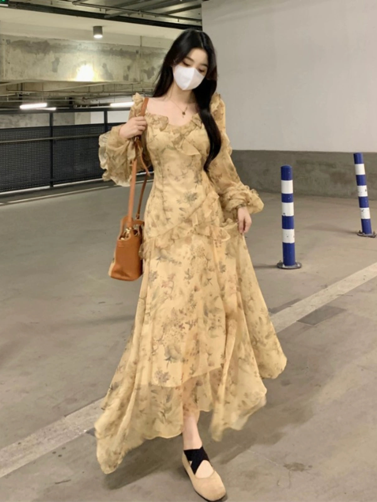 Fashion women's wear French Style Beautiful Yellow Floral Dress Spring plus Size Plump Girls Slimming Fairy Long Dress Style Skirt