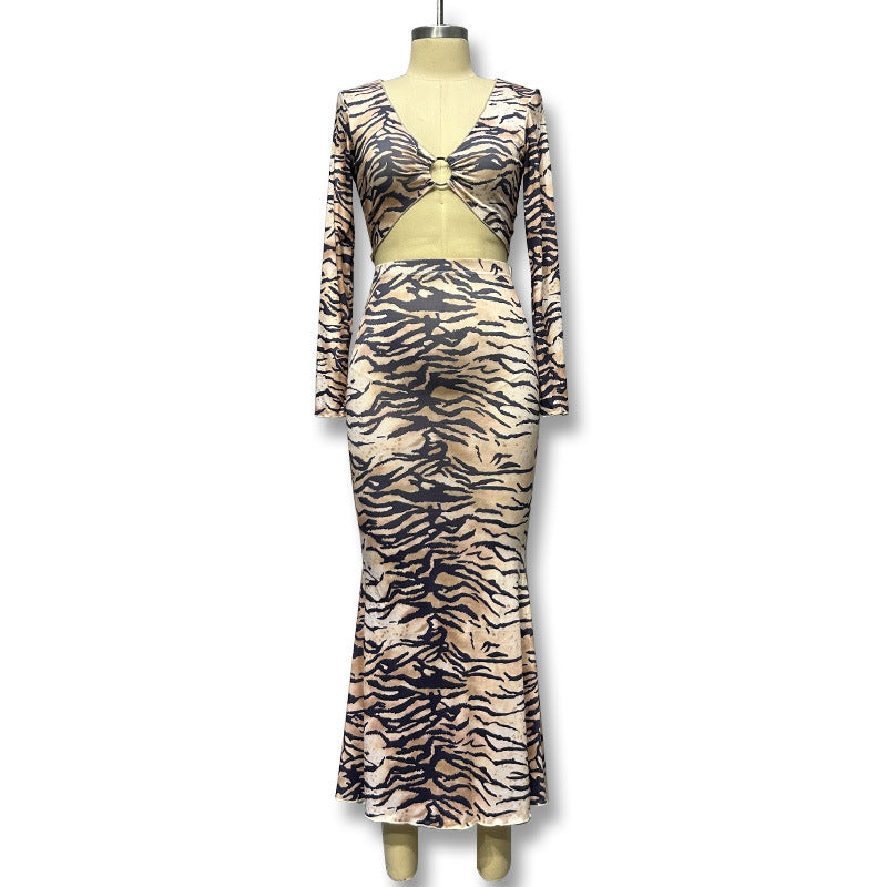 Fashion women's wear Cross Border Foreign Trade Women's Clothing 2024 Autumn New Tiger Pattern Ring Wooden Ear Navel-Exposed Dress Suit