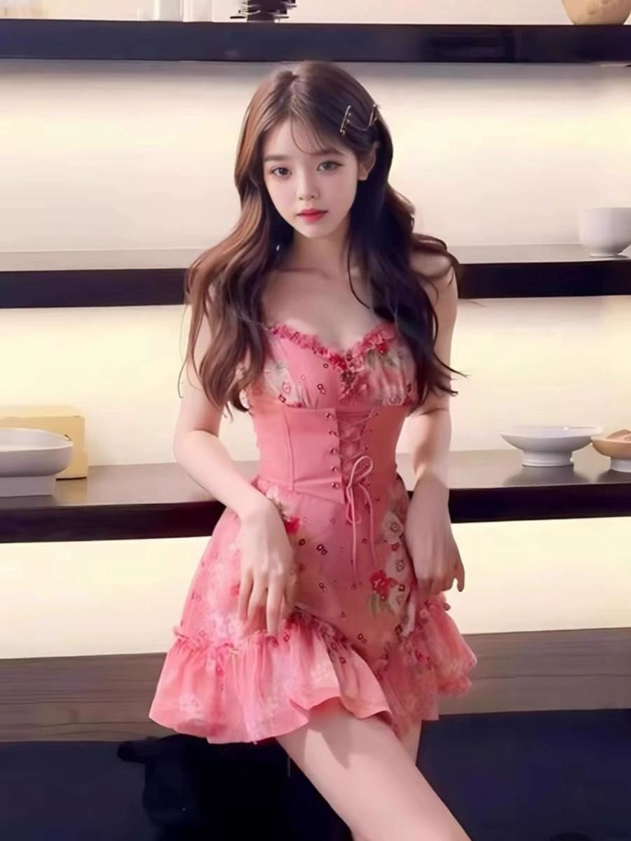 Dopamine dress Free shipping Tattoo Summer sweetheart pink suspender dress women's summer high sense small man pure desire wind dopamine princess A-shaped dress