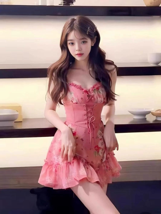Dopamine dress Free shipping Tattoo Summer sweetheart pink suspender dress women's summer high sense small man pure desire wind dopamine princess A-shaped dress