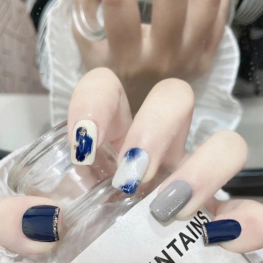 Fashion  nail Pure Desire Fake Nail Patch Blue Marbling Finished Nail Beauty False Nails Removable Nail Tip Wear Nail X105