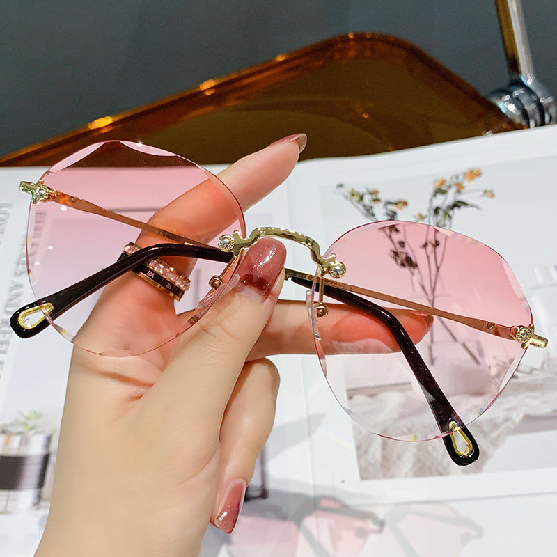 Women's fashion glasses年新款无框太阳眼镜女防紫外线高级感墨镜潮女圆脸大脸显瘦夏