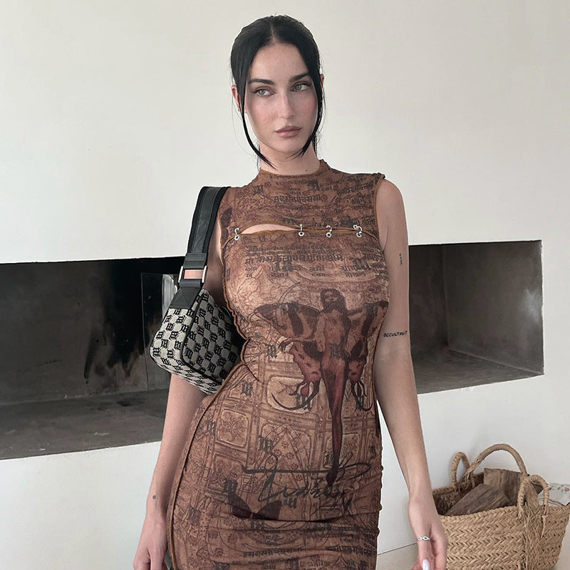 Fashion women's wear D22ds367 Autumn New 2024 round Neck Pullover Sleeveless Printed Hollow High Waist   Women's Clothing Dress Women