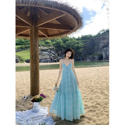 Fashion women's wear Tea Break French Blue Halter Spaghetti Straps Dress Women's Elegant Backless Seaside Holiday Beach Dress Long Skirt
