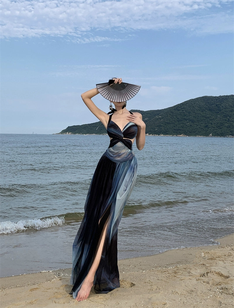 Fashion women's wear Thailand Sanya Holiday Halter Dress Summer Backless Seaside Travel Wear and Take Photos Beach Skirt Atmosphere