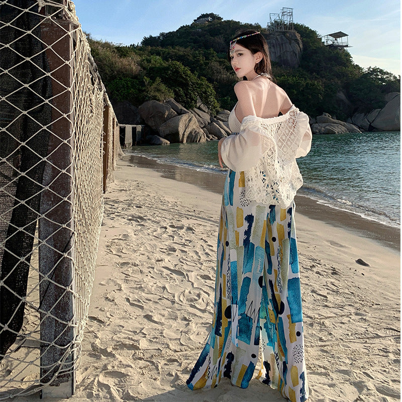 Dopamine pants Free shipping Tattoo Seaside photo pants super fairy summer Thailand Sanya seaside vacation wide-leg pants dopamine beach skirt pants trousers