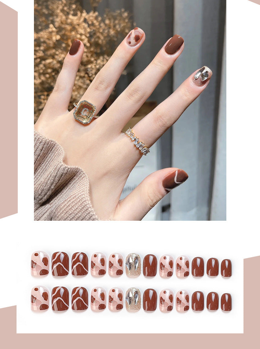 Fashion  nail Autumn and Winter Style Simple Rhinestone Milk Coffee Finished Nail Beauty Short Wear Fake Nails Detachable Nail Tip Wear Armor X95