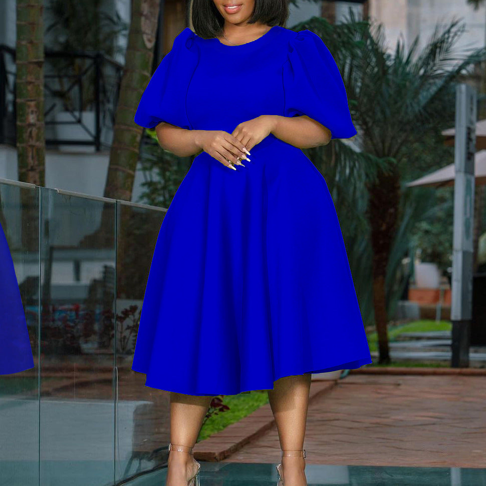Fashion women's wear Cross-Border European and American Amazon Summer round Neck Graceful Puff Sleeve Waist-Controlled Large Hem Elegant A- line Foreign Trade Dress