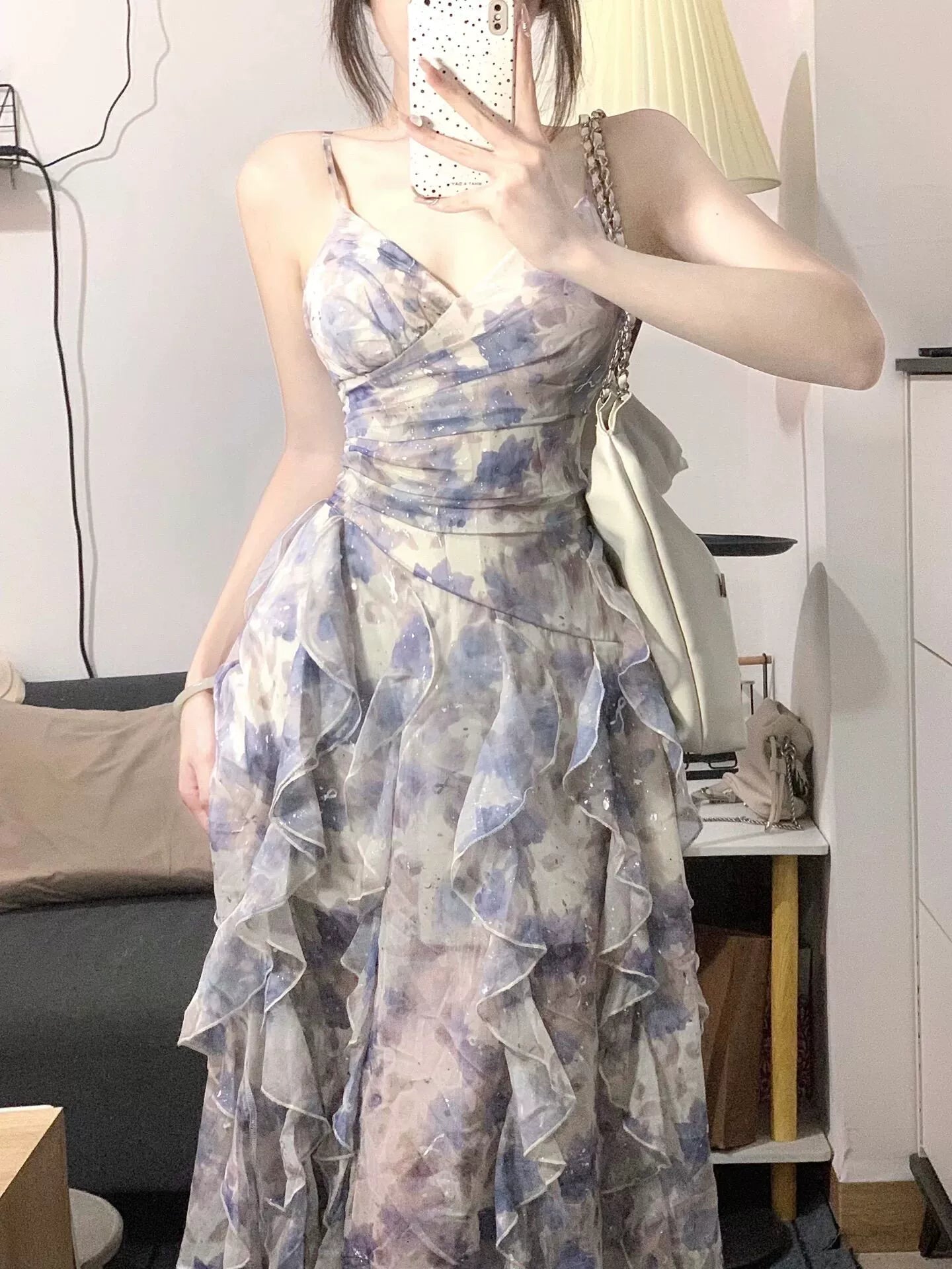 Fashion women's wear Floral Dress Women's Summer French Style High Sense Temperament Long Dress Tight Waist Seaside Vacation Small Suspender Dress