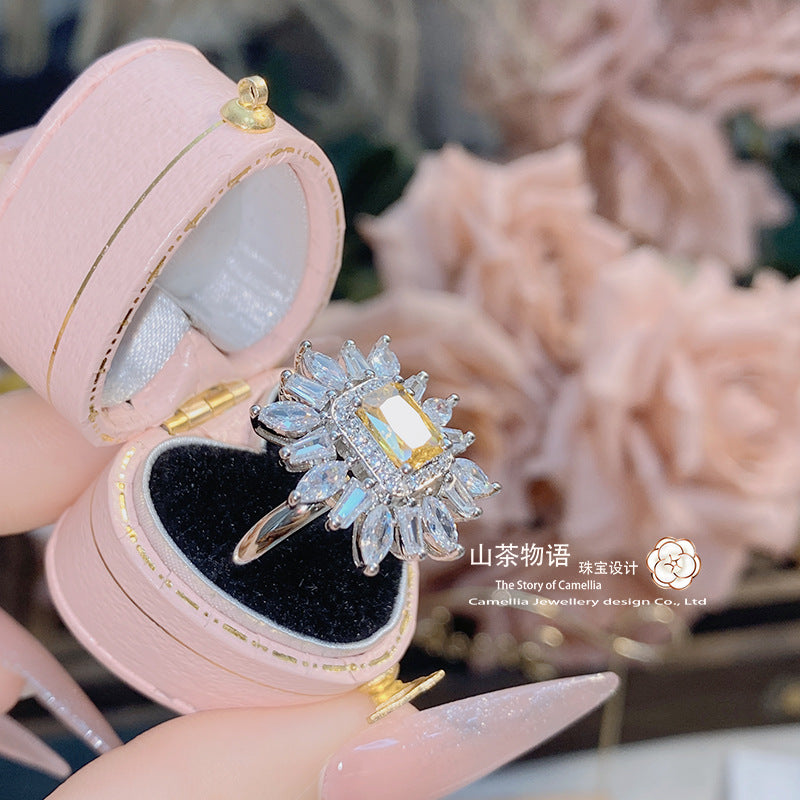 Camellia塞纳河畔浅海蓝宝石戒指女 Vintage镀金微镶锆石花梦指环