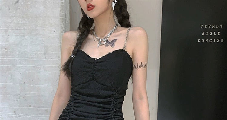 Fashion women's wear Sweet and Spicy Suspenders Dress Women's Summer Waist-Tight Design Sense Niche Drawstring Pure Desire Sexy Hot Girl Short Hip Skirt