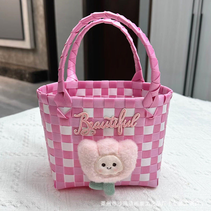 Dopamine Bag Free shipping Tattoo Cartoon dopamine plastic woven bag, trendy macaron hand-woven vegetable basket bag, cute casual seaside beach bag