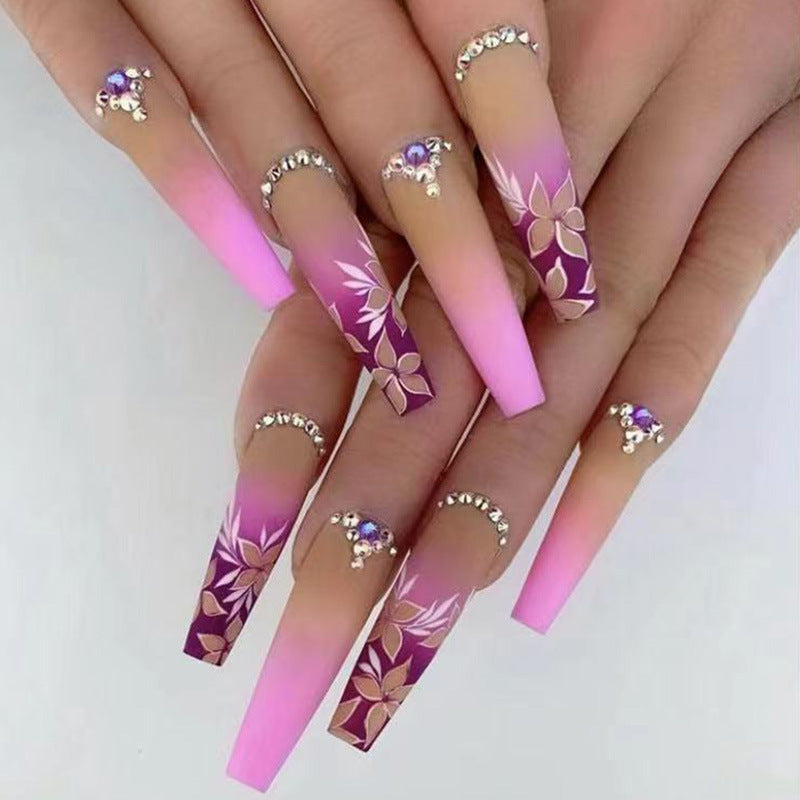 闪钻花朵穿戴甲粉色nails 渐变跨境美甲片外贸假指甲长甲美甲贴片
