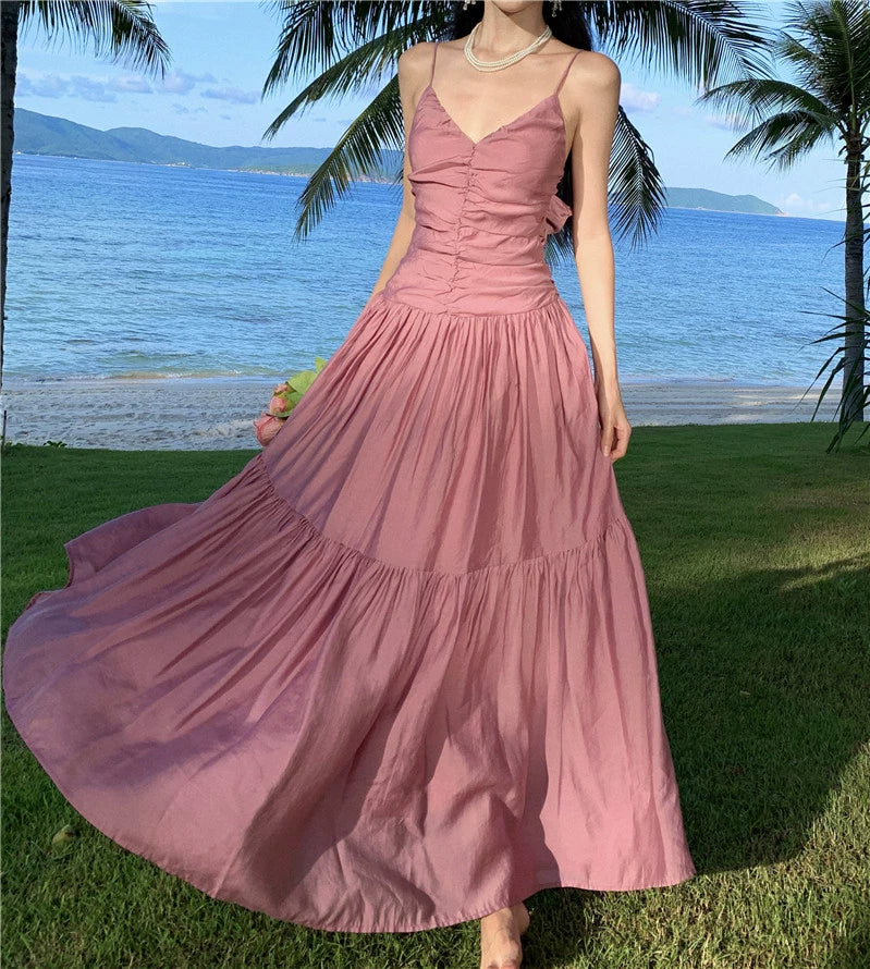 Fashion women's wear Beautiful Dopamine Special-Interest Design Lace-up Pleated Backless Vacation Style Sling Dress High-Grade Sense Temperament Long Dress