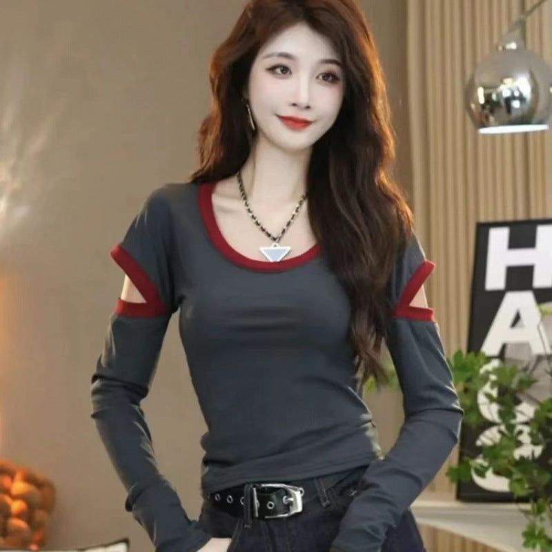 Free shipping Tattoo Douyin 2024 new autumn and winter contrasting color U-neck long-sleeved slim-fitting T-shirt foreign style bottoming shirt top women tops