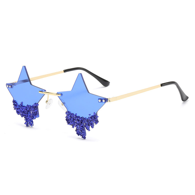Women's fashion glasses 新款欧美五角星镶钻无框太阳镜女时尚个性夸张墨镜防紫外线