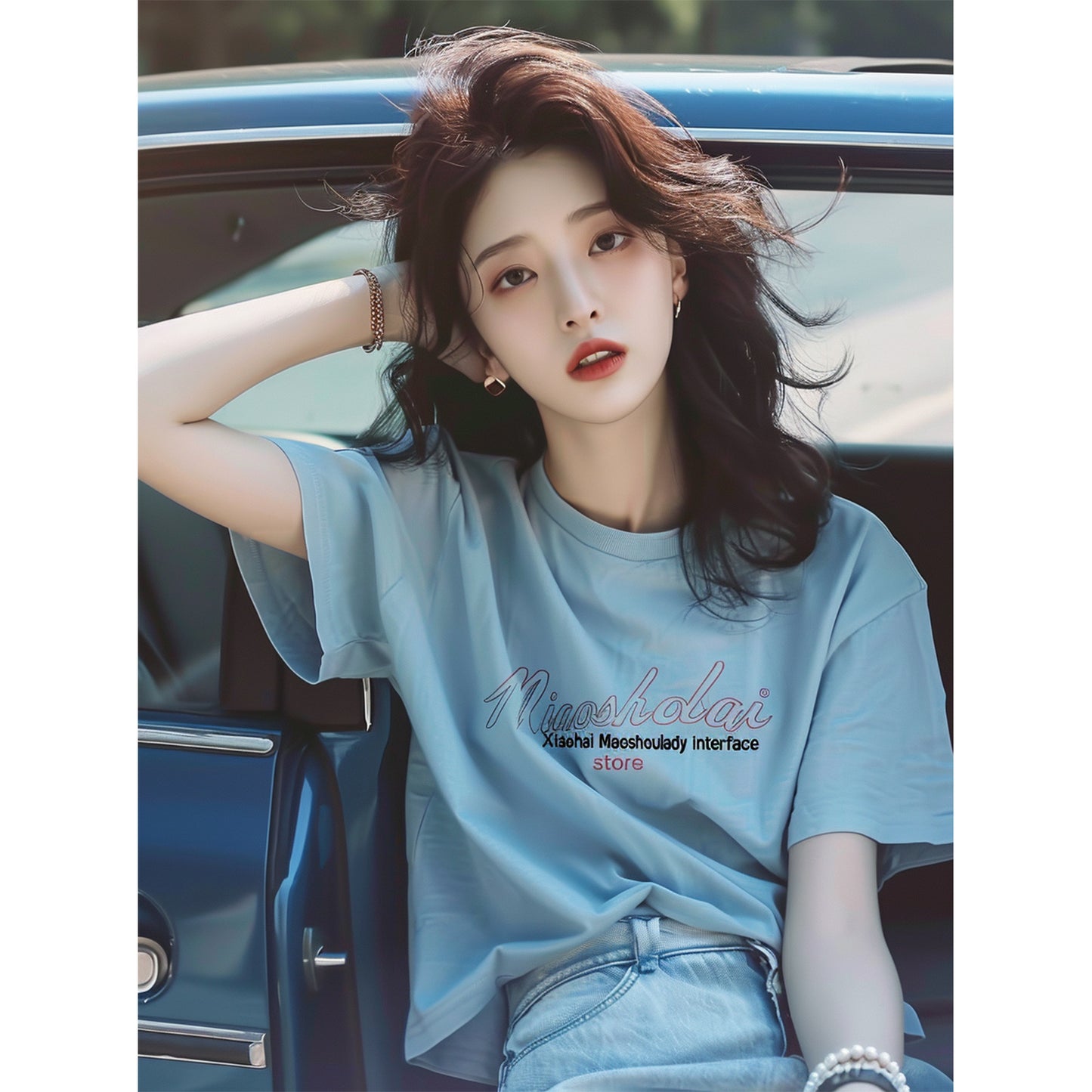 Dopamine tops Free shipping Tattoo This year, a beautiful belly-covering shirt, dopamine, wears a top, front shoulder, blue embroidered letter T-shirt, women's summer.
