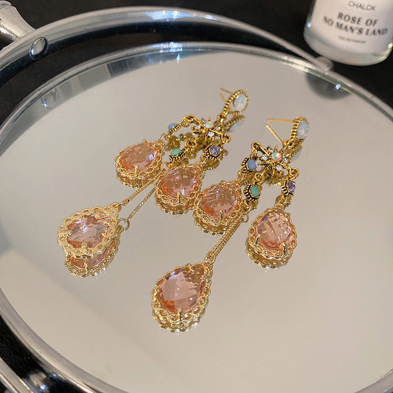 银针镶钻芒星水晶水滴流苏耳环法式轻奢耳坠复古宫廷风耳饰批发女