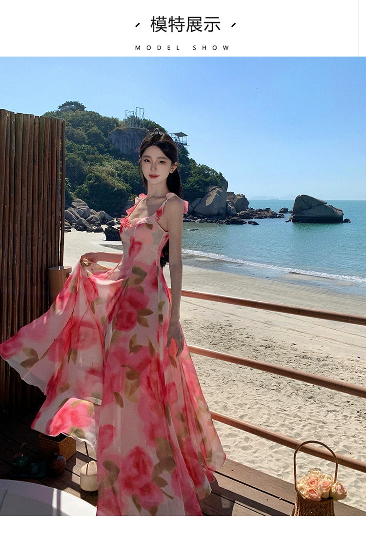 Fashion women's wear Tea Break French Chiffon Sling Dress Fairy Summer Sanya Seaside Vacation Beach Swing Long Dress Elegant