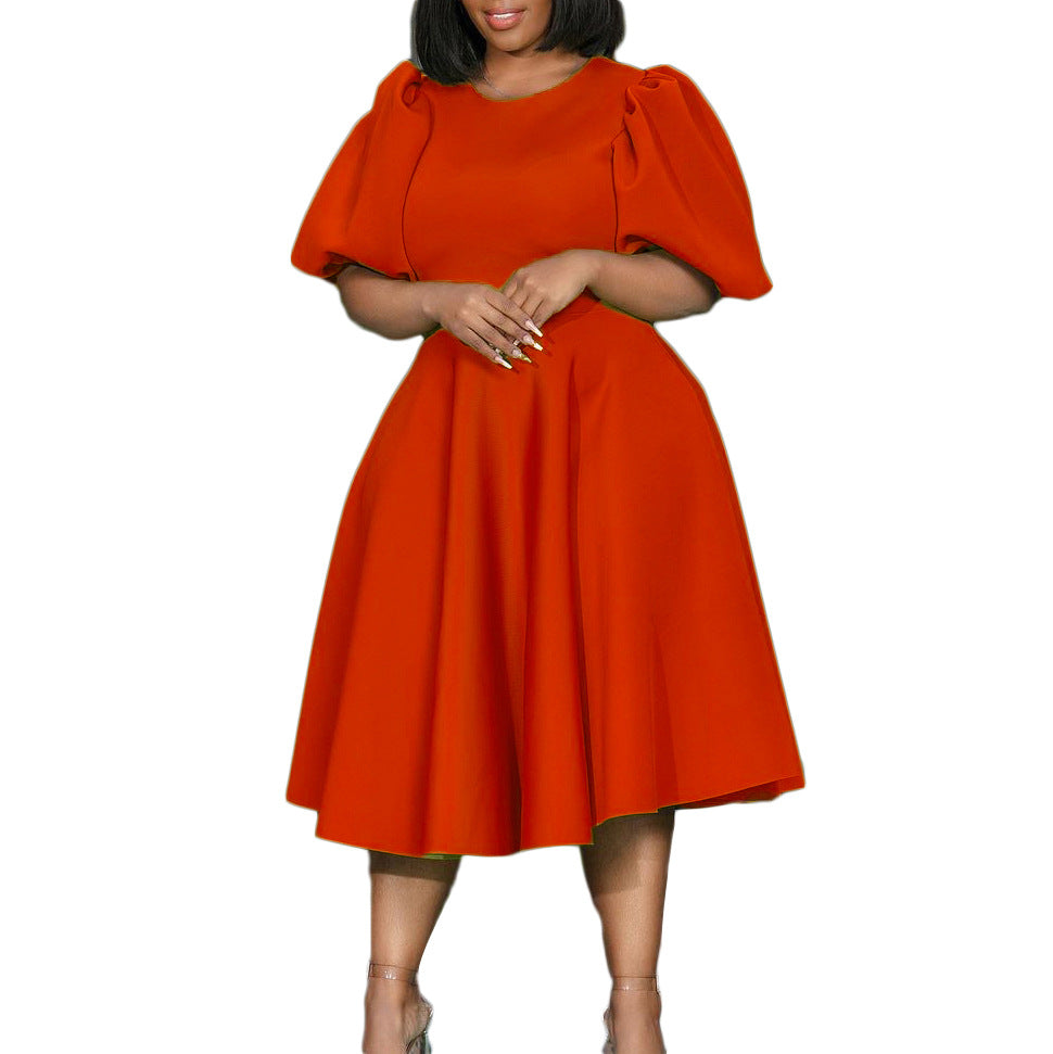 Fashion women's wear Cross-Border European and American Amazon Summer round Neck Graceful Puff Sleeve Waist-Controlled Large Hem Elegant A- line Foreign Trade Dress