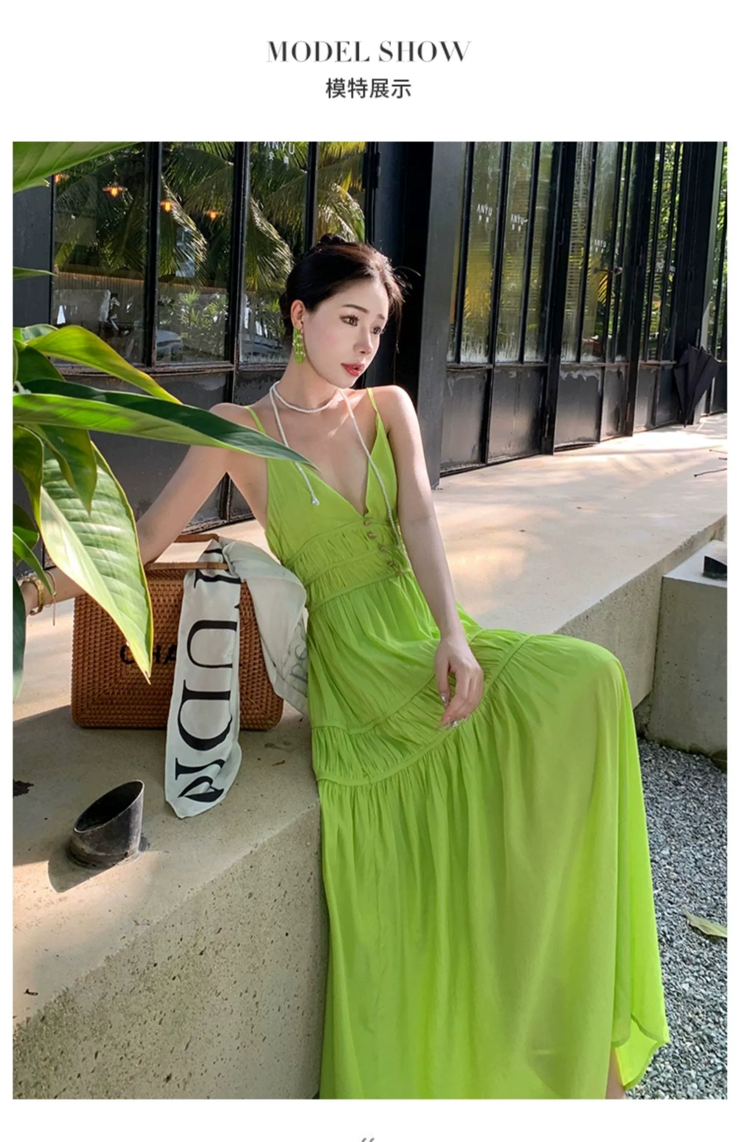 Fashion women's wear Summer Dopamine Seaside Vacation Deep V Dress Green Suspenders Ankle-Length Dress Sanya Slimming Beach Skirt Female