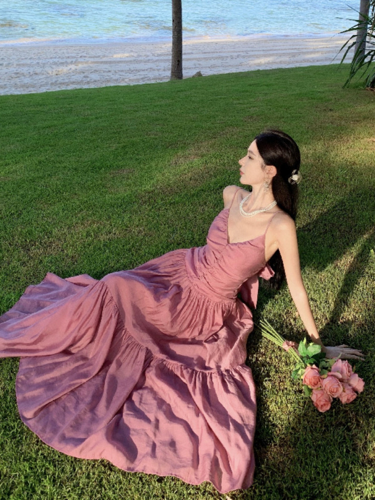 Fashion women's wear Beautiful Dopamine Special-Interest Design Lace-up Pleated Backless Vacation Style Sling Dress High-Grade Sense Temperament Long Dress