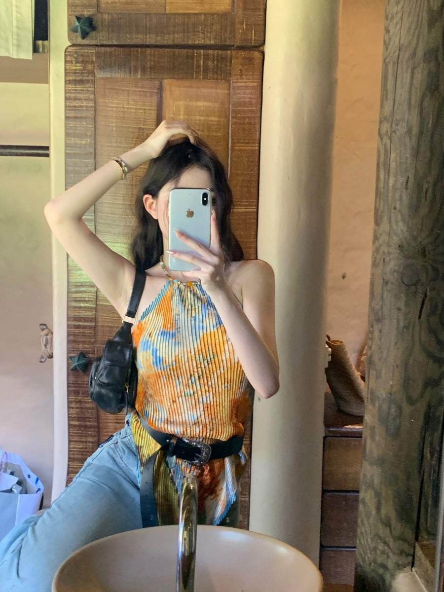 Dopamine tops Free shipping Tattoo Dopamine Thai small suspender with chest pad yellow summer body niche neck thin outer wear top women