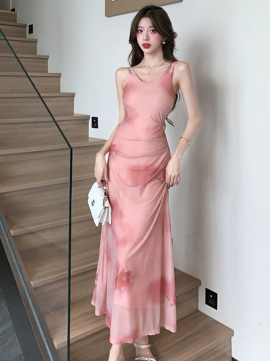 Fashion women's wear Gentle Pink Mori Dress Design Sleeveless Camisole Dress Women's Summer Fashion Tie-Dye A- line Dress