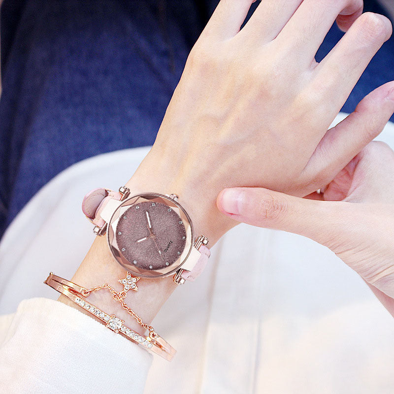 Fashion women's watchForeign Trade Popular Style Silver Pink Rhinestone Face Women's Watch Frosted Leather Watch Strap Women's Casual Trend Two-Piece Set Wrist Watch