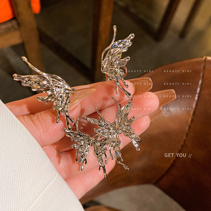 银针液态金属褶皱蝴蝶耳环ins风时尚气质耳钉耳夹一体百搭耳饰女
