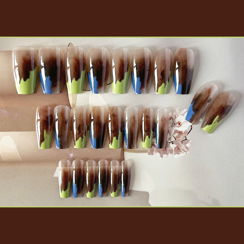 琥珀美式穿戴甲蓝绿指甲贴片欧美风美甲片晕染假指甲美甲贴片成品