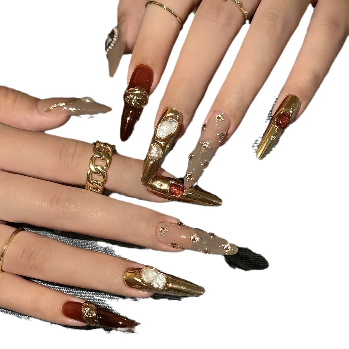 (reusable nail)【 Drunken by paper and obsessed with gold 】 Nail manicures, fake nails, honey silk lotus, the same gemstone, Baroque high-end feeling, bride light luxury, high-end
