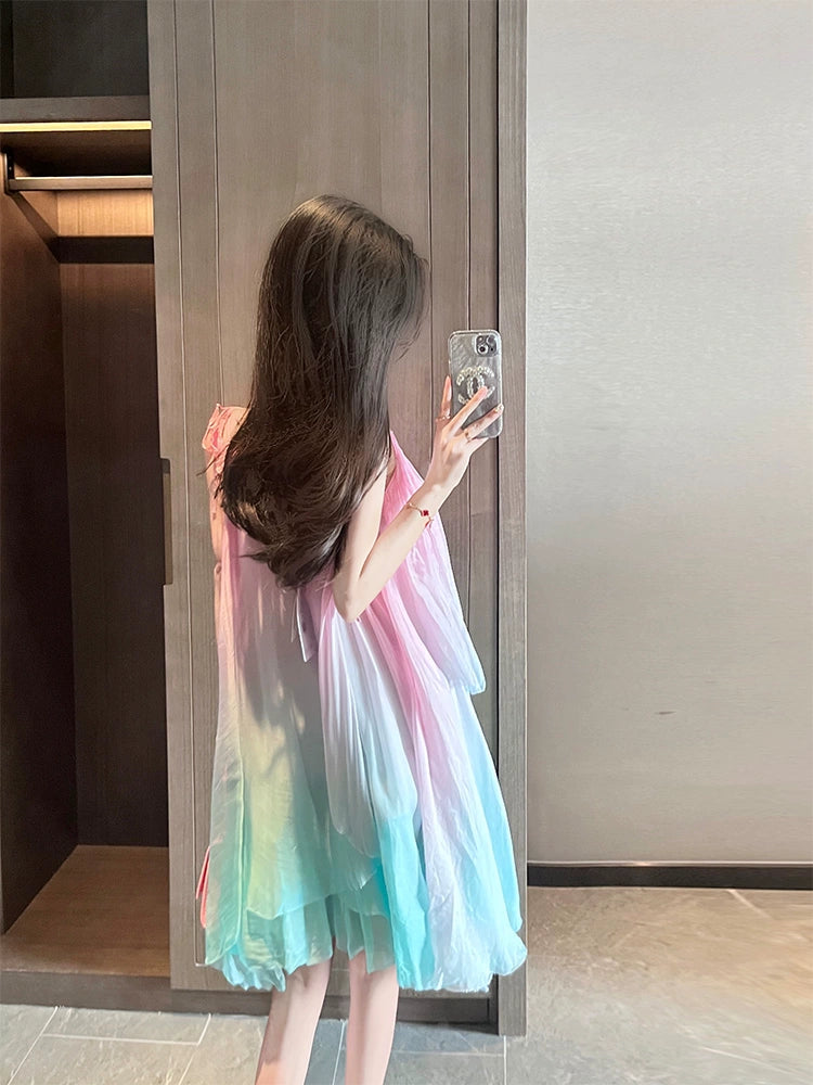 Fashion women's wear Seaside Vacation Sling Dress Women's 2024 Summer New Seaside Photograph Clothes Super Fairy Gradient Skirt Beach Skirt