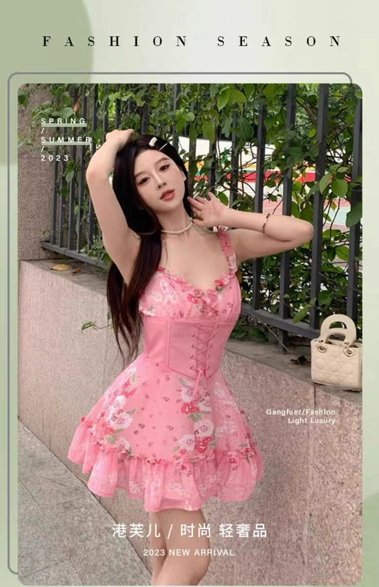 Dopamine dress Free shipping Tattoo Summer sweetheart pink suspender dress women's summer high sense small man pure desire wind dopamine princess A-shaped dress