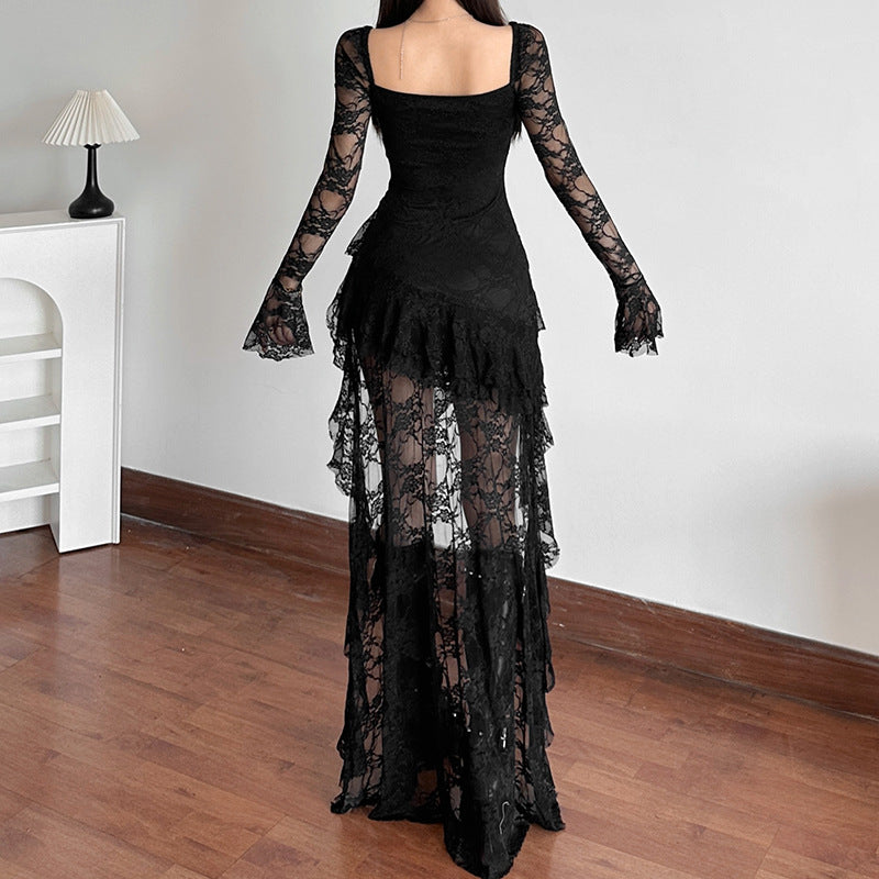 Free shipping new women's clothing solid color high waist fashion square neck long sleeve lace splicing dress tops