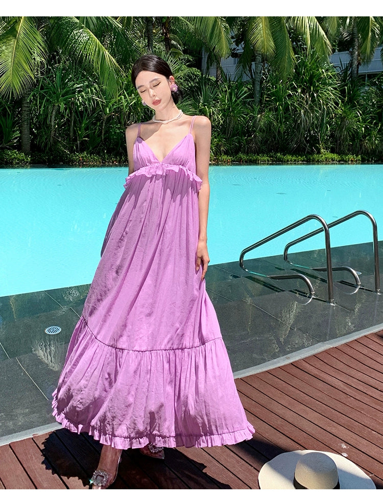 Fashion women's wear Fabric Romantic Lace Dress V-neck Comfortable Loose Vacation Suspender Dress Chic Beautiful Purple Dress
